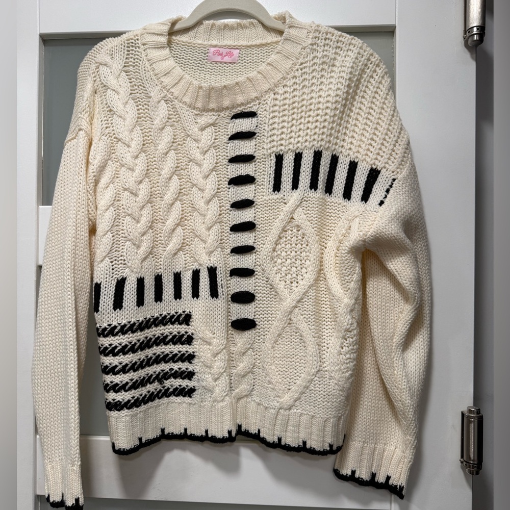 Pink Lily Cream and Black Patterned Sweater